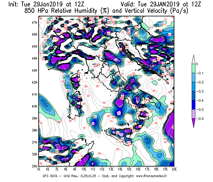 Mappa di analisi GFS - Umidità relativa [%] e Omega [Pa/s] a 850 hPa in Italia
							del 29/01/2019 12 <!--googleoff: index-->UTC<!--googleon: index-->