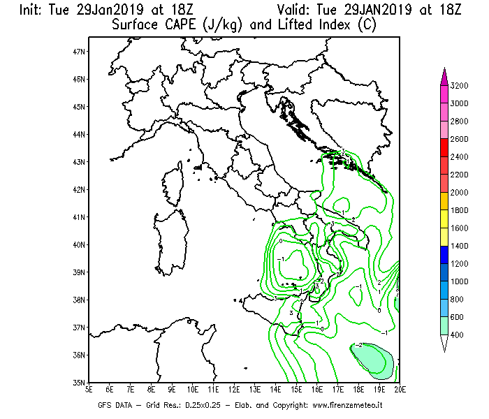 Mappa di analisi GFS - CAPE [J/kg] e Lifted Index [°C] in Italia
							del 29/01/2019 18 <!--googleoff: index-->UTC<!--googleon: index-->