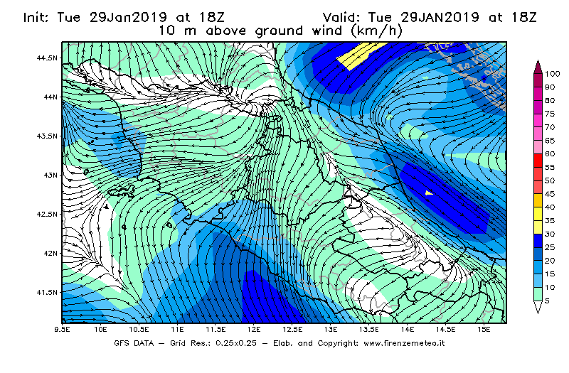 Mappa di analisi GFS - Velocità del vento a 10 metri dal suolo [km/h] in Centro-Italia
							del 29/01/2019 18 <!--googleoff: index-->UTC<!--googleon: index-->