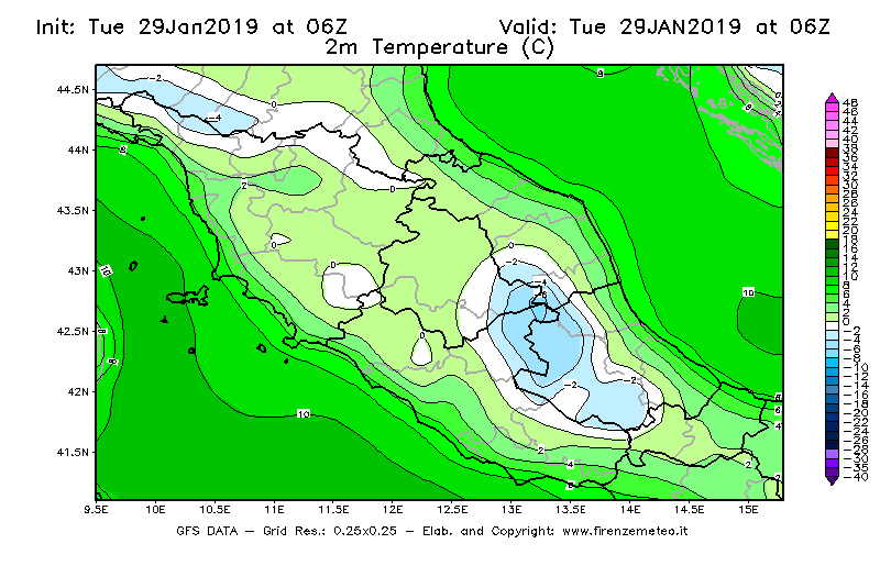Mappa di analisi GFS - Temperatura a 2 metri dal suolo [°C] in Centro-Italia
							del 29/01/2019 06 <!--googleoff: index-->UTC<!--googleon: index-->