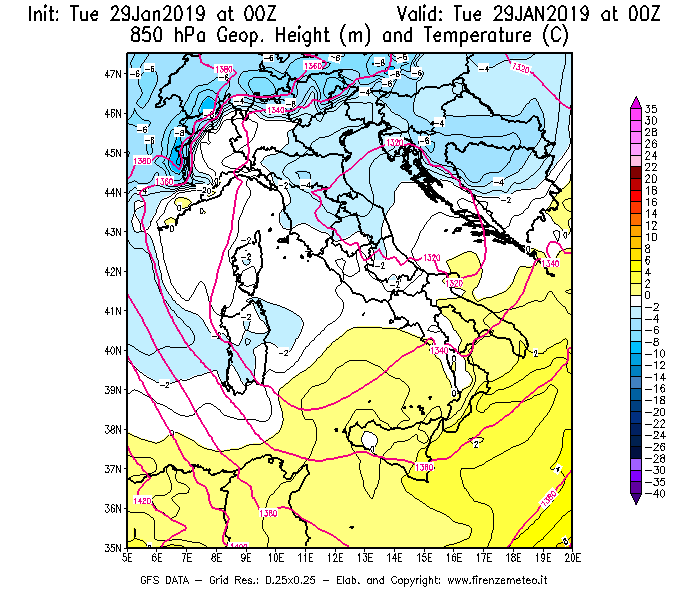 Mappa di analisi GFS - Geopotenziale [m] e Temperatura [°C] a 850 hPa in Italia
							del 29/01/2019 00 <!--googleoff: index-->UTC<!--googleon: index-->