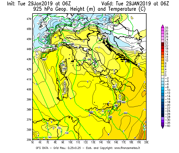 Mappa di analisi GFS - Geopotenziale [m] e Temperatura [°C] a 925 hPa in Italia
							del 29/01/2019 06 <!--googleoff: index-->UTC<!--googleon: index-->