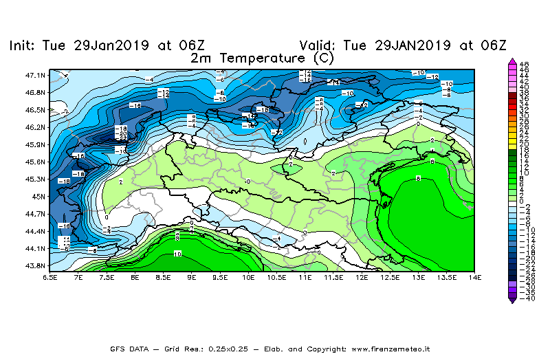 Mappa di analisi GFS - Temperatura a 2 metri dal suolo [°C] in Nord-Italia
							del 29/01/2019 06 <!--googleoff: index-->UTC<!--googleon: index-->