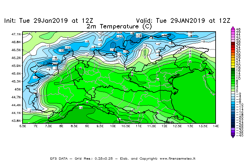 Mappa di analisi GFS - Temperatura a 2 metri dal suolo [°C] in Nord-Italia
							del 29/01/2019 12 <!--googleoff: index-->UTC<!--googleon: index-->