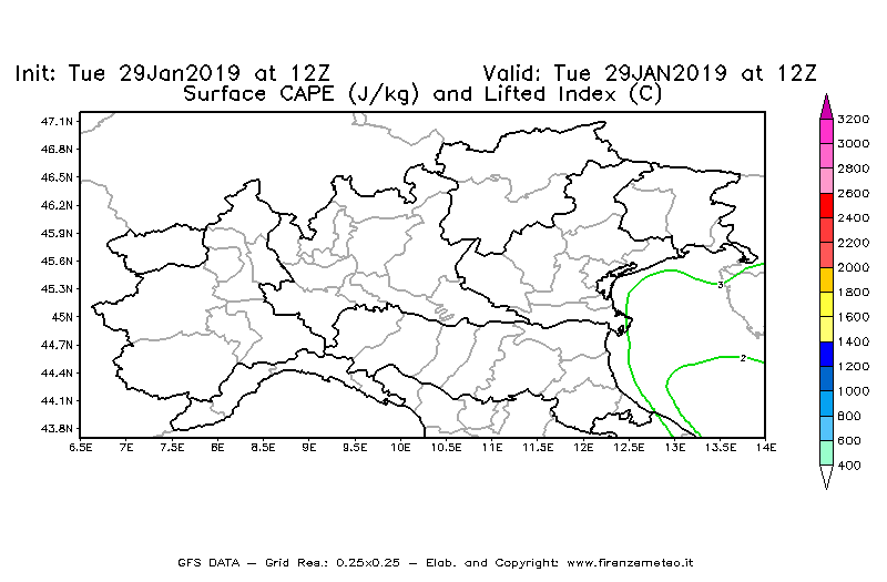 Mappa di analisi GFS - CAPE [J/kg] e Lifted Index [°C] in Nord-Italia
							del 29/01/2019 12 <!--googleoff: index-->UTC<!--googleon: index-->