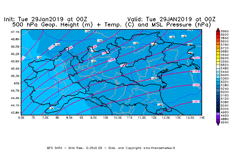 Mappa di analisi GFS - Geopotenziale [m] + Temp. [°C] a 500 hPa + Press. a livello del mare [hPa] in Nord-Italia
							del 29/01/2019 00 <!--googleoff: index-->UTC<!--googleon: index-->