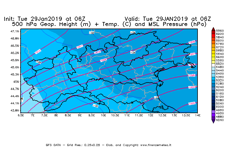 Mappa di analisi GFS - Geopotenziale [m] + Temp. [°C] a 500 hPa + Press. a livello del mare [hPa] in Nord-Italia
							del 29/01/2019 06 <!--googleoff: index-->UTC<!--googleon: index-->