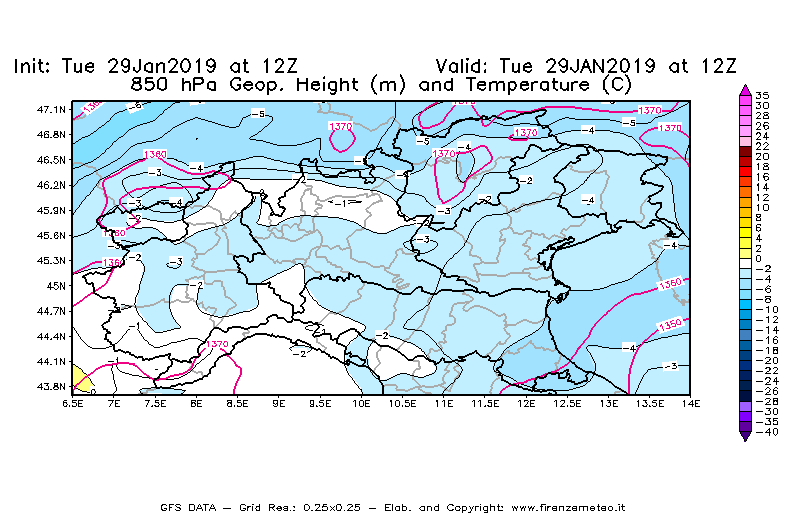 Mappa di analisi GFS - Geopotenziale [m] e Temperatura [°C] a 850 hPa in Nord-Italia
							del 29/01/2019 12 <!--googleoff: index-->UTC<!--googleon: index-->