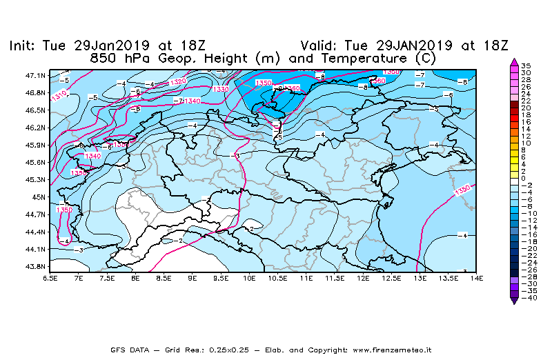 Mappa di analisi GFS - Geopotenziale [m] e Temperatura [°C] a 850 hPa in Nord-Italia
							del 29/01/2019 18 <!--googleoff: index-->UTC<!--googleon: index-->