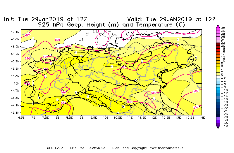 Mappa di analisi GFS - Geopotenziale [m] e Temperatura [°C] a 925 hPa in Nord-Italia
							del 29/01/2019 12 <!--googleoff: index-->UTC<!--googleon: index-->