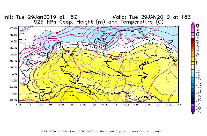 Mappa di analisi GFS - Geopotenziale [m] e Temperatura [°C] a 925 hPa in Nord-Italia
							del 29/01/2019 18 <!--googleoff: index-->UTC<!--googleon: index-->