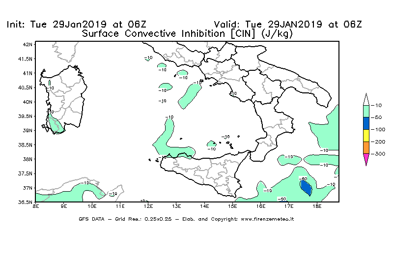 Mappa di analisi GFS - CIN [J/kg] in Sud-Italia
							del 29/01/2019 06 <!--googleoff: index-->UTC<!--googleon: index-->