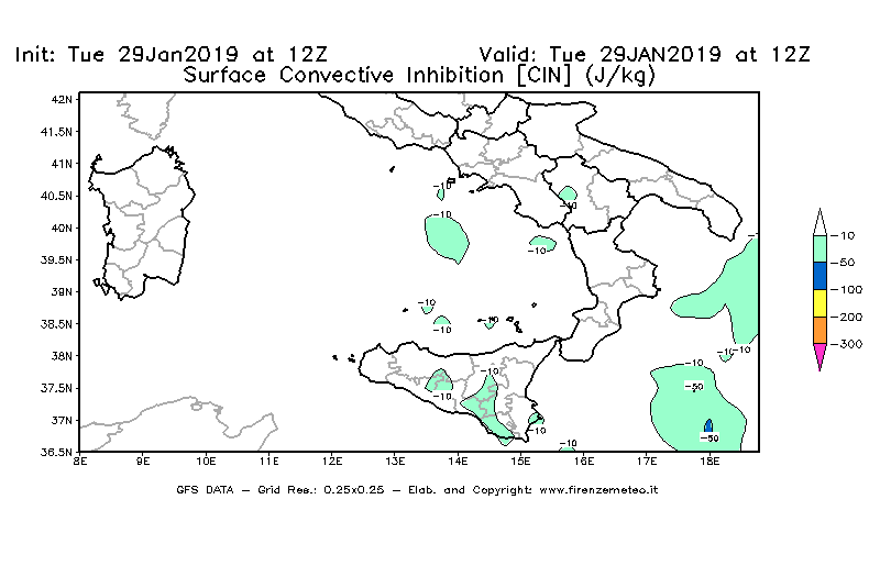 Mappa di analisi GFS - CIN [J/kg] in Sud-Italia
							del 29/01/2019 12 <!--googleoff: index-->UTC<!--googleon: index-->