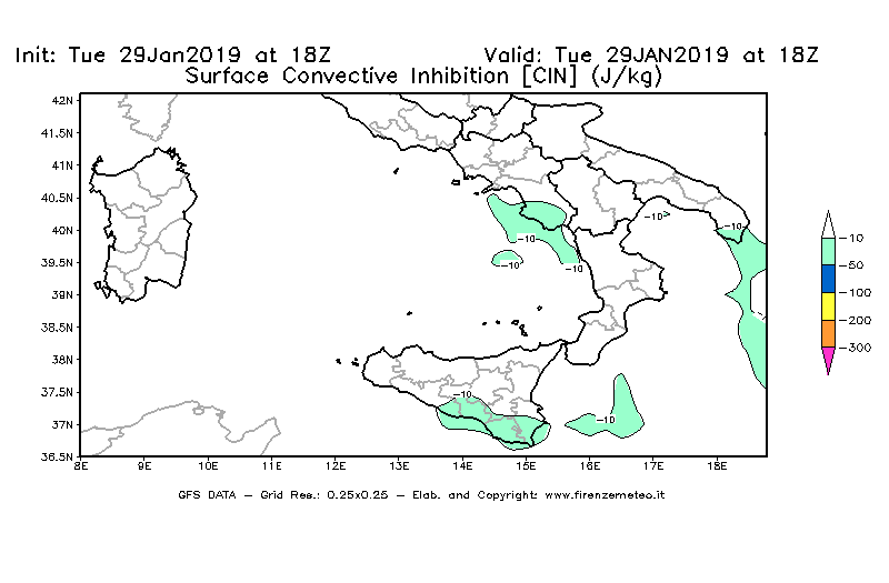 Mappa di analisi GFS - CIN [J/kg] in Sud-Italia
							del 29/01/2019 18 <!--googleoff: index-->UTC<!--googleon: index-->