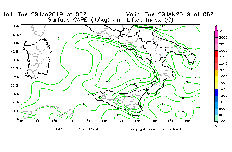 Mappa di analisi GFS - CAPE [J/kg] e Lifted Index [°C] in Sud-Italia
							del 29/01/2019 06 <!--googleoff: index-->UTC<!--googleon: index-->