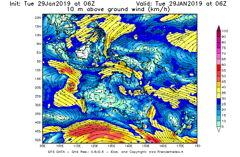 Mappa di analisi GFS - Velocità del vento a 10 metri dal suolo [km/h] in Oceania
							del 29/01/2019 06 <!--googleoff: index-->UTC<!--googleon: index-->