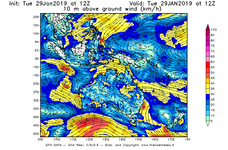Mappa di analisi GFS - Velocità del vento a 10 metri dal suolo [km/h] in Oceania
							del 29/01/2019 12 <!--googleoff: index-->UTC<!--googleon: index-->