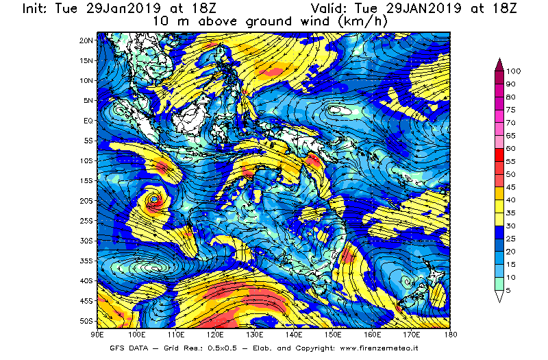 Mappa di analisi GFS - Velocità del vento a 10 metri dal suolo [km/h] in Oceania
							del 29/01/2019 18 <!--googleoff: index-->UTC<!--googleon: index-->