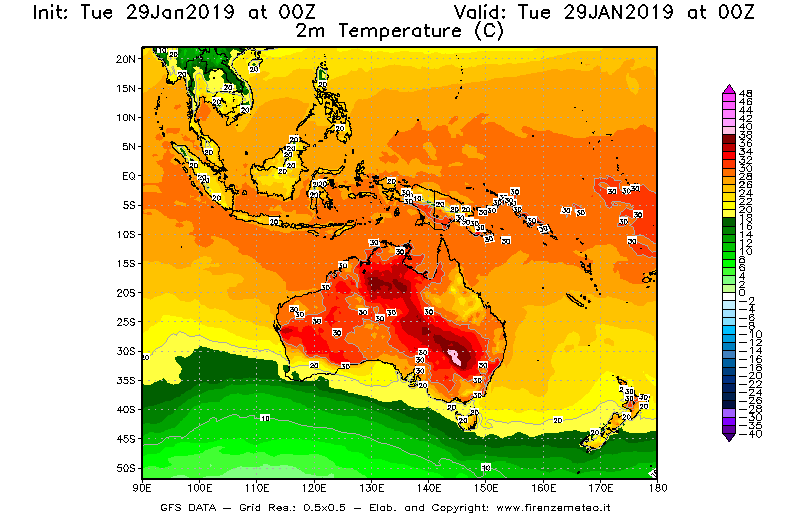 Mappa di analisi GFS - Temperatura a 2 metri dal suolo [°C] in Oceania
							del 29/01/2019 00 <!--googleoff: index-->UTC<!--googleon: index-->