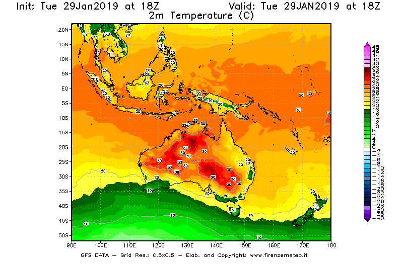 Mappa di analisi GFS - Temperatura a 2 metri dal suolo [°C] in Oceania
							del 29/01/2019 18 <!--googleoff: index-->UTC<!--googleon: index-->