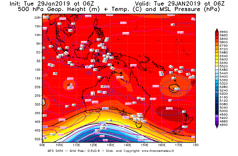 Mappa di analisi GFS - Geopotenziale [m] + Temp. [°C] a 500 hPa + Press. a livello del mare [hPa] in Oceania
							del 29/01/2019 06 <!--googleoff: index-->UTC<!--googleon: index-->