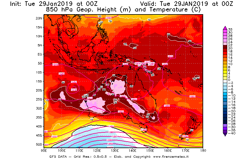 Mappa di analisi GFS - Geopotenziale [m] e Temperatura [°C] a 850 hPa in Oceania
							del 29/01/2019 00 <!--googleoff: index-->UTC<!--googleon: index-->