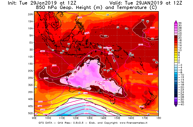 Mappa di analisi GFS - Geopotenziale [m] e Temperatura [°C] a 850 hPa in Oceania
							del 29/01/2019 12 <!--googleoff: index-->UTC<!--googleon: index-->