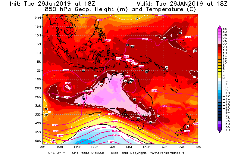 Mappa di analisi GFS - Geopotenziale [m] e Temperatura [°C] a 850 hPa in Oceania
							del 29/01/2019 18 <!--googleoff: index-->UTC<!--googleon: index-->