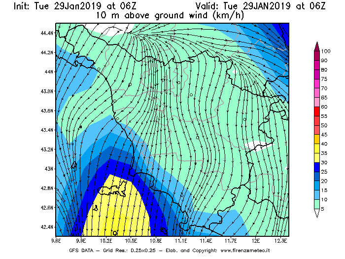 Mappa di analisi GFS - Velocità del vento a 10 metri dal suolo [km/h] in Toscana
							del 29/01/2019 06 <!--googleoff: index-->UTC<!--googleon: index-->