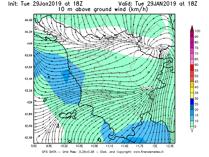 Mappa di analisi GFS - Velocità del vento a 10 metri dal suolo [km/h] in Toscana
							del 29/01/2019 18 <!--googleoff: index-->UTC<!--googleon: index-->
