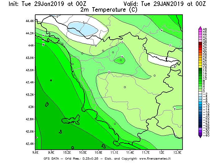 Mappa di analisi GFS - Temperatura a 2 metri dal suolo [°C] in Toscana
							del 29/01/2019 00 <!--googleoff: index-->UTC<!--googleon: index-->