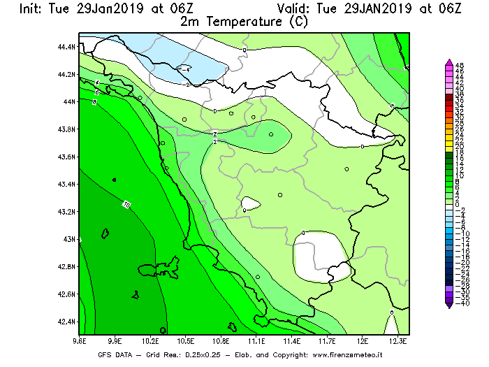 Mappa di analisi GFS - Temperatura a 2 metri dal suolo [°C] in Toscana
							del 29/01/2019 06 <!--googleoff: index-->UTC<!--googleon: index-->