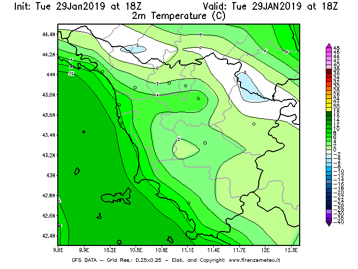 Mappa di analisi GFS - Temperatura a 2 metri dal suolo [°C] in Toscana
							del 29/01/2019 18 <!--googleoff: index-->UTC<!--googleon: index-->