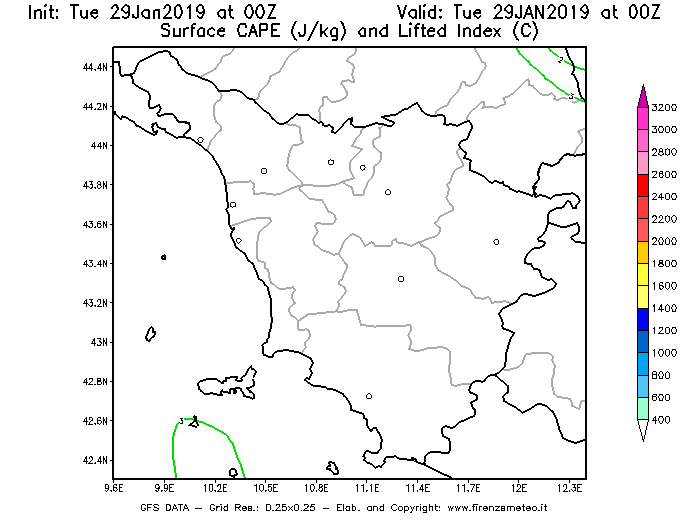 Mappa di analisi GFS - CAPE [J/kg] e Lifted Index [°C] in Toscana
							del 29/01/2019 00 <!--googleoff: index-->UTC<!--googleon: index-->