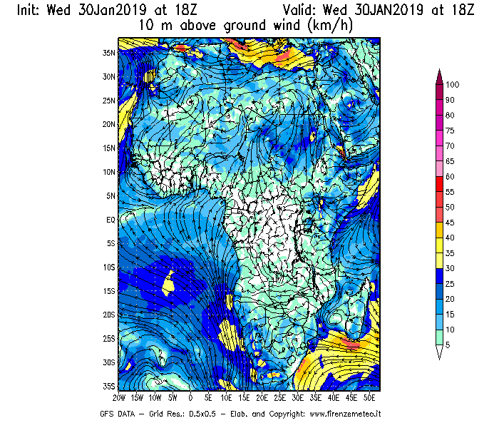 Mappa di analisi GFS - Velocità del vento a 10 metri dal suolo [km/h] in Africa
							del 30/01/2019 18 <!--googleoff: index-->UTC<!--googleon: index-->