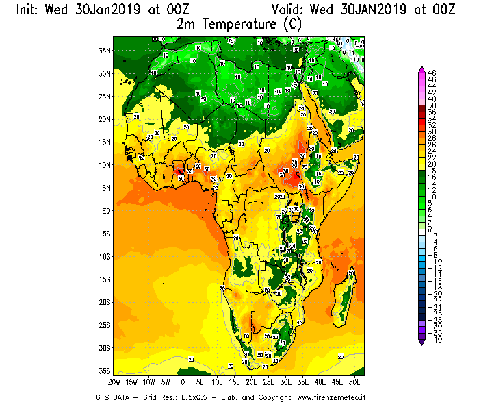 Mappa di analisi GFS - Temperatura a 2 metri dal suolo [°C] in Africa
							del 30/01/2019 00 <!--googleoff: index-->UTC<!--googleon: index-->