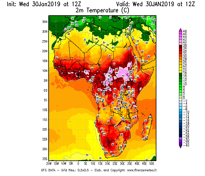 Mappa di analisi GFS - Temperatura a 2 metri dal suolo [°C] in Africa
							del 30/01/2019 12 <!--googleoff: index-->UTC<!--googleon: index-->