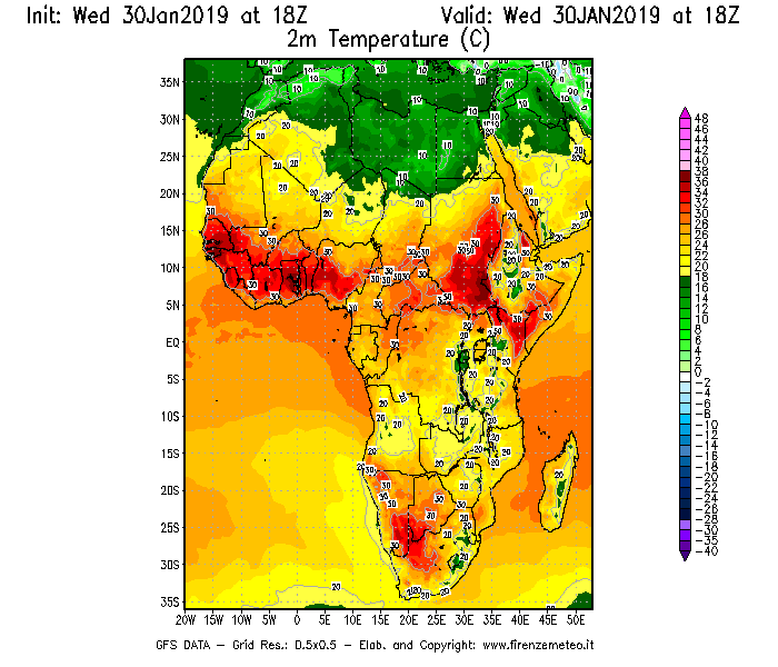 Mappa di analisi GFS - Temperatura a 2 metri dal suolo [°C] in Africa
							del 30/01/2019 18 <!--googleoff: index-->UTC<!--googleon: index-->