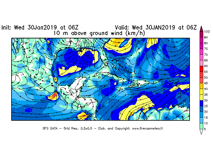 Mappa di analisi GFS - Velocità del vento a 10 metri dal suolo [km/h] in Centro-America
							del 30/01/2019 06 <!--googleoff: index-->UTC<!--googleon: index-->