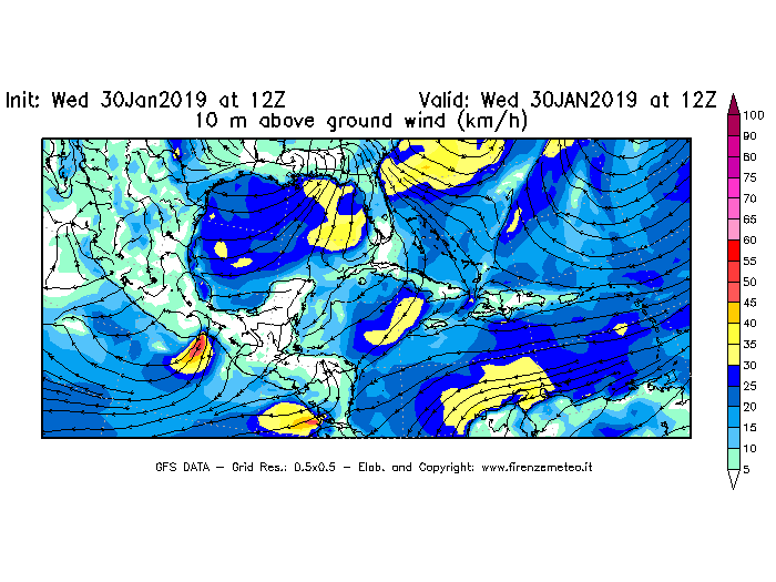 Mappa di analisi GFS - Velocità del vento a 10 metri dal suolo [km/h] in Centro-America
							del 30/01/2019 12 <!--googleoff: index-->UTC<!--googleon: index-->