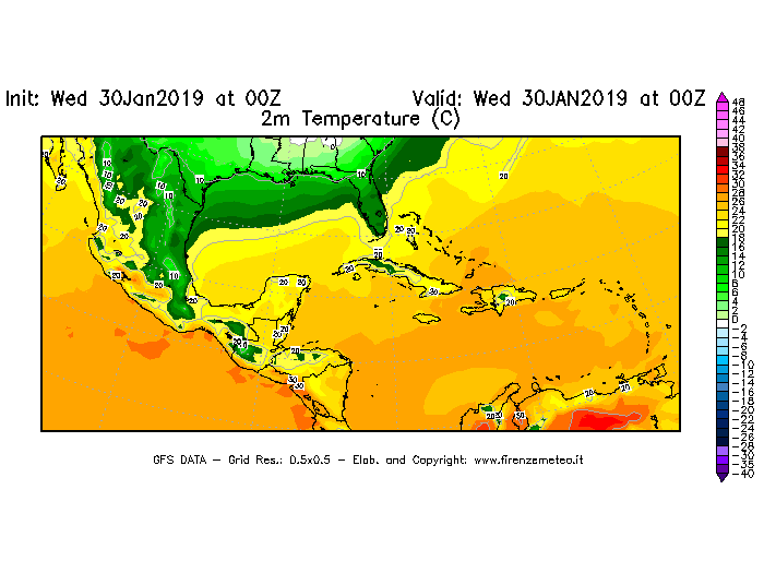 Mappa di analisi GFS - Temperatura a 2 metri dal suolo [°C] in Centro-America
							del 30/01/2019 00 <!--googleoff: index-->UTC<!--googleon: index-->