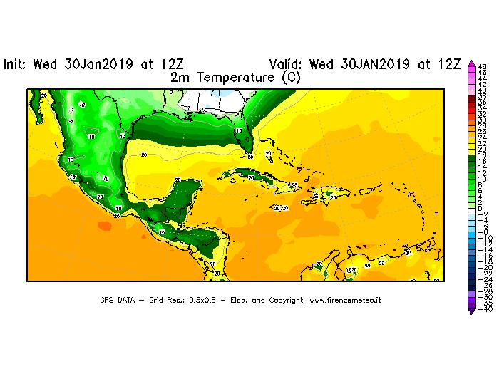 Mappa di analisi GFS - Temperatura a 2 metri dal suolo [°C] in Centro-America
							del 30/01/2019 12 <!--googleoff: index-->UTC<!--googleon: index-->
