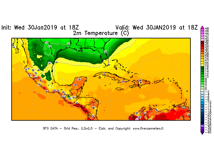 Mappa di analisi GFS - Temperatura a 2 metri dal suolo [°C] in Centro-America
							del 30/01/2019 18 <!--googleoff: index-->UTC<!--googleon: index-->