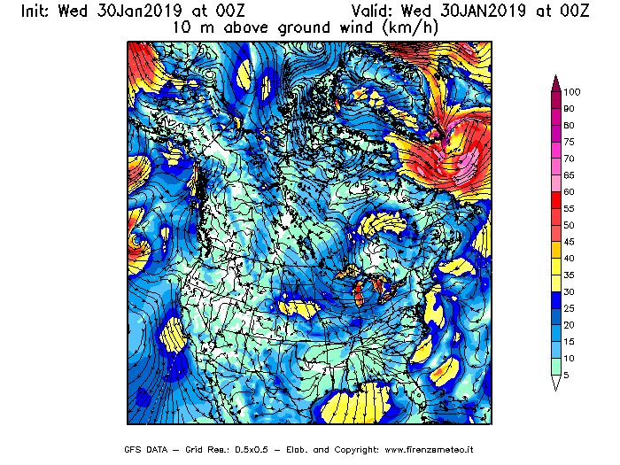 Mappa di analisi GFS - Velocità del vento a 10 metri dal suolo [km/h] in Nord-America
							del 30/01/2019 00 <!--googleoff: index-->UTC<!--googleon: index-->