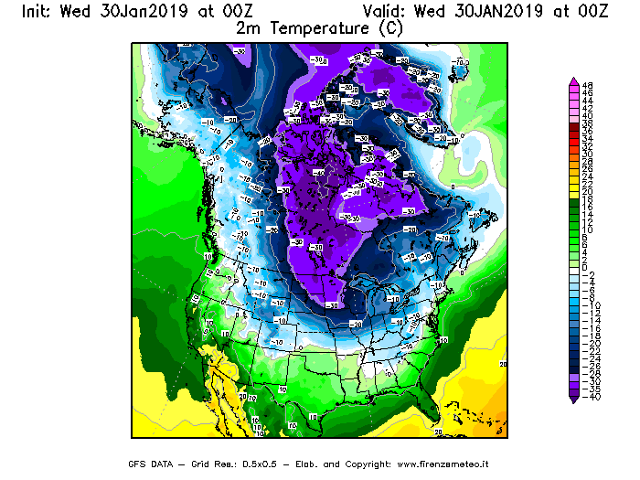 Mappa di analisi GFS - Temperatura a 2 metri dal suolo [°C] in Nord-America
							del 30/01/2019 00 <!--googleoff: index-->UTC<!--googleon: index-->