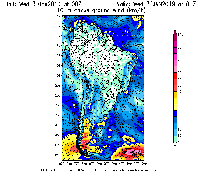 Mappa di analisi GFS - Velocità del vento a 10 metri dal suolo [km/h] in Sud-America
							del 30/01/2019 00 <!--googleoff: index-->UTC<!--googleon: index-->