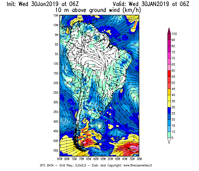 Mappa di analisi GFS - Velocità del vento a 10 metri dal suolo [km/h] in Sud-America
							del 30/01/2019 06 <!--googleoff: index-->UTC<!--googleon: index-->