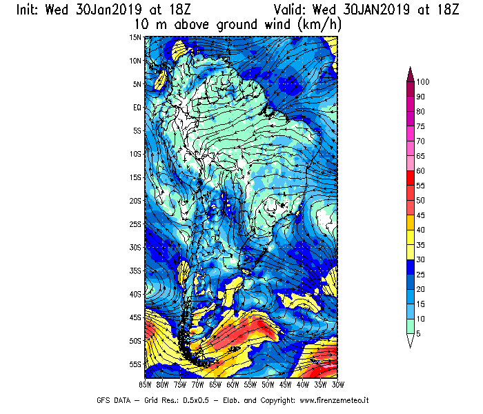 Mappa di analisi GFS - Velocità del vento a 10 metri dal suolo [km/h] in Sud-America
							del 30/01/2019 18 <!--googleoff: index-->UTC<!--googleon: index-->