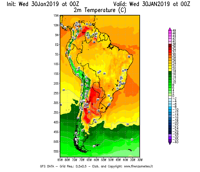 Mappa di analisi GFS - Temperatura a 2 metri dal suolo [°C] in Sud-America
							del 30/01/2019 00 <!--googleoff: index-->UTC<!--googleon: index-->