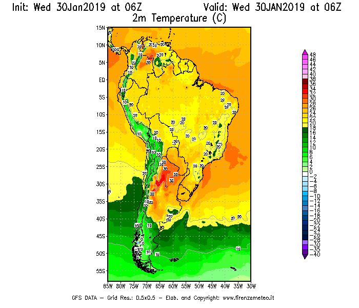 Mappa di analisi GFS - Temperatura a 2 metri dal suolo [°C] in Sud-America
							del 30/01/2019 06 <!--googleoff: index-->UTC<!--googleon: index-->